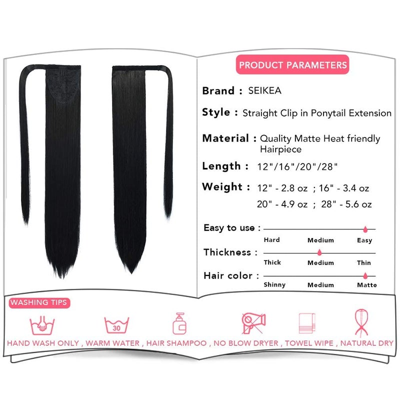 SEIKEA Clip in Ponytail Extension Wrap Around Straight Hair for Women (12", Black) - Image 3